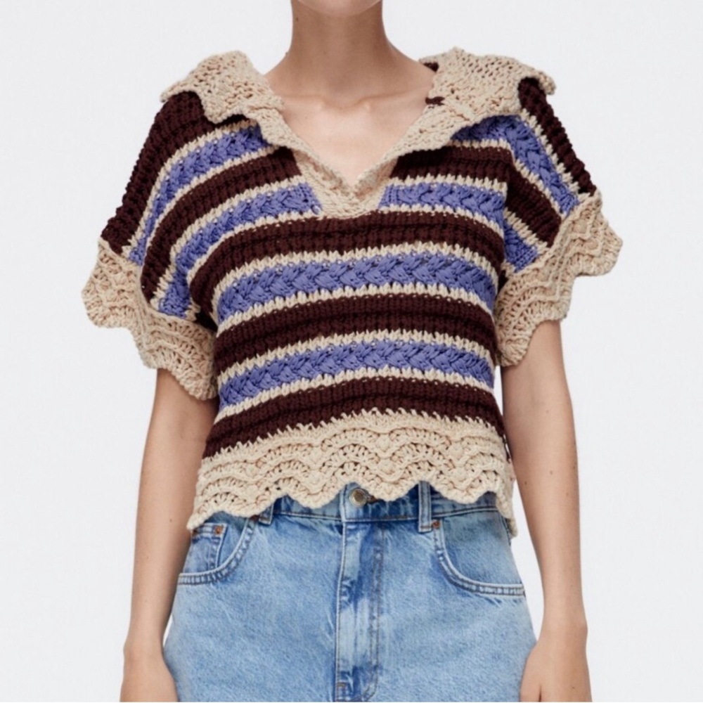 New Zara Crochet Knit Hooded Short Sleeve Sweater - Picture 4 of 8